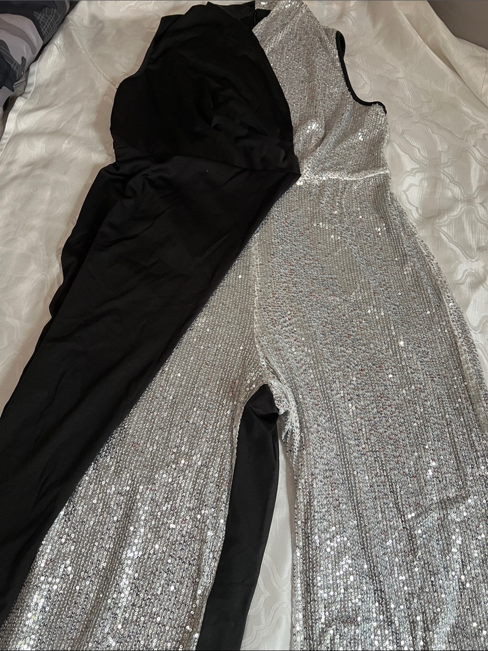 Silver Sequin Wide-Leg Jumpsuit with Black Panel